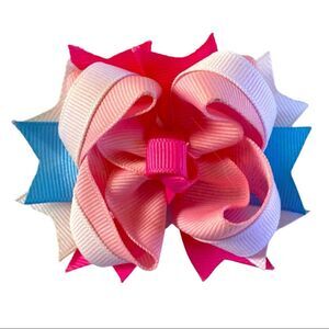 Pink, Blue, and White Layered Boutique Hair Bow Lined Clip 3” Wide Knot Center